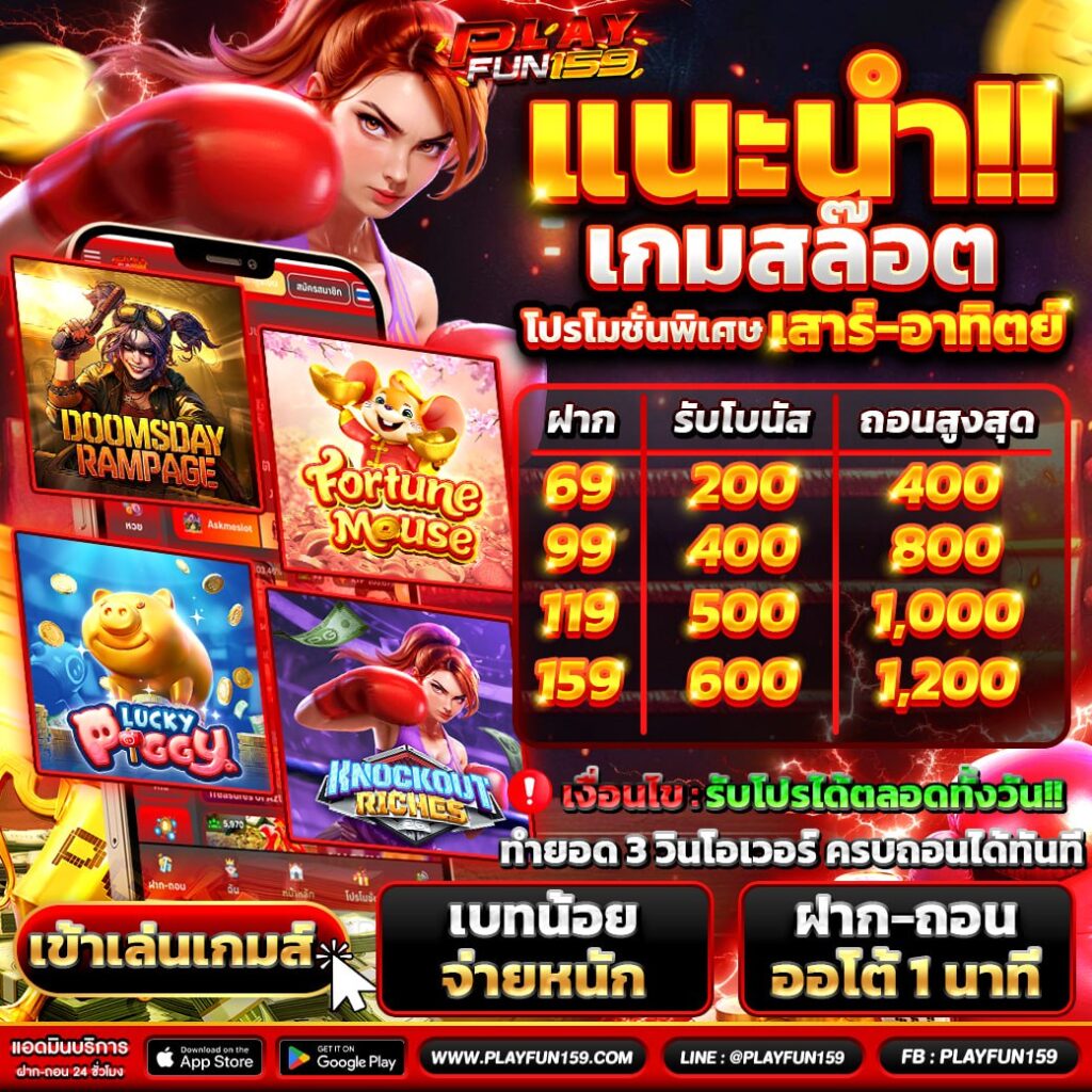 Tiger711 แนะนำเกมสล็อต โปรโมชั่นพิเศษ เสาร์-อาทิตย์ ฝาก 69 รับโบนัส 200
ฝาก 99 รับโบนัส 400
ฝาก 119 รับโบนัส 500
ฝาก 159 รับโบนัส 600